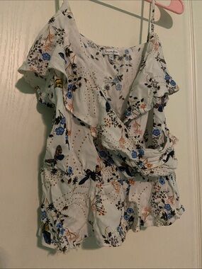White Floral Ruffle Wrap Cami with Blue Accents